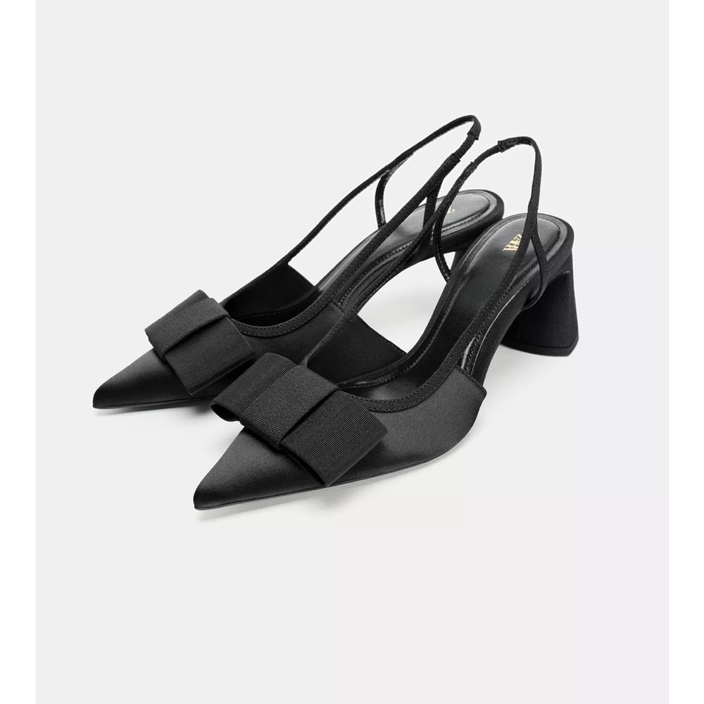 Zara Black Slingback Pointed-Toe Pumps with Bow
